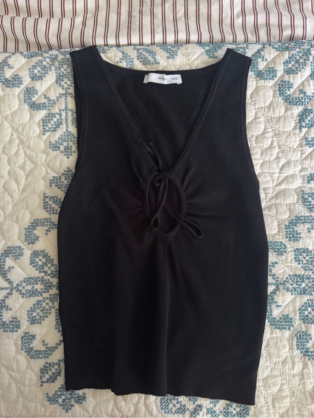 Mango black knit tank top with keyhole tie design